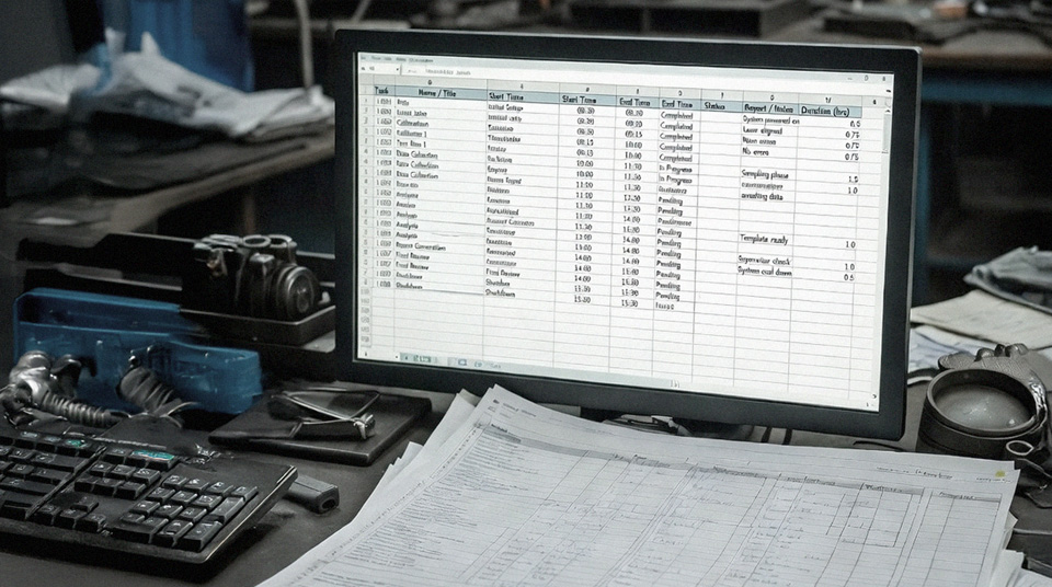 Time tracking spreadsheets in an engineering workshop.