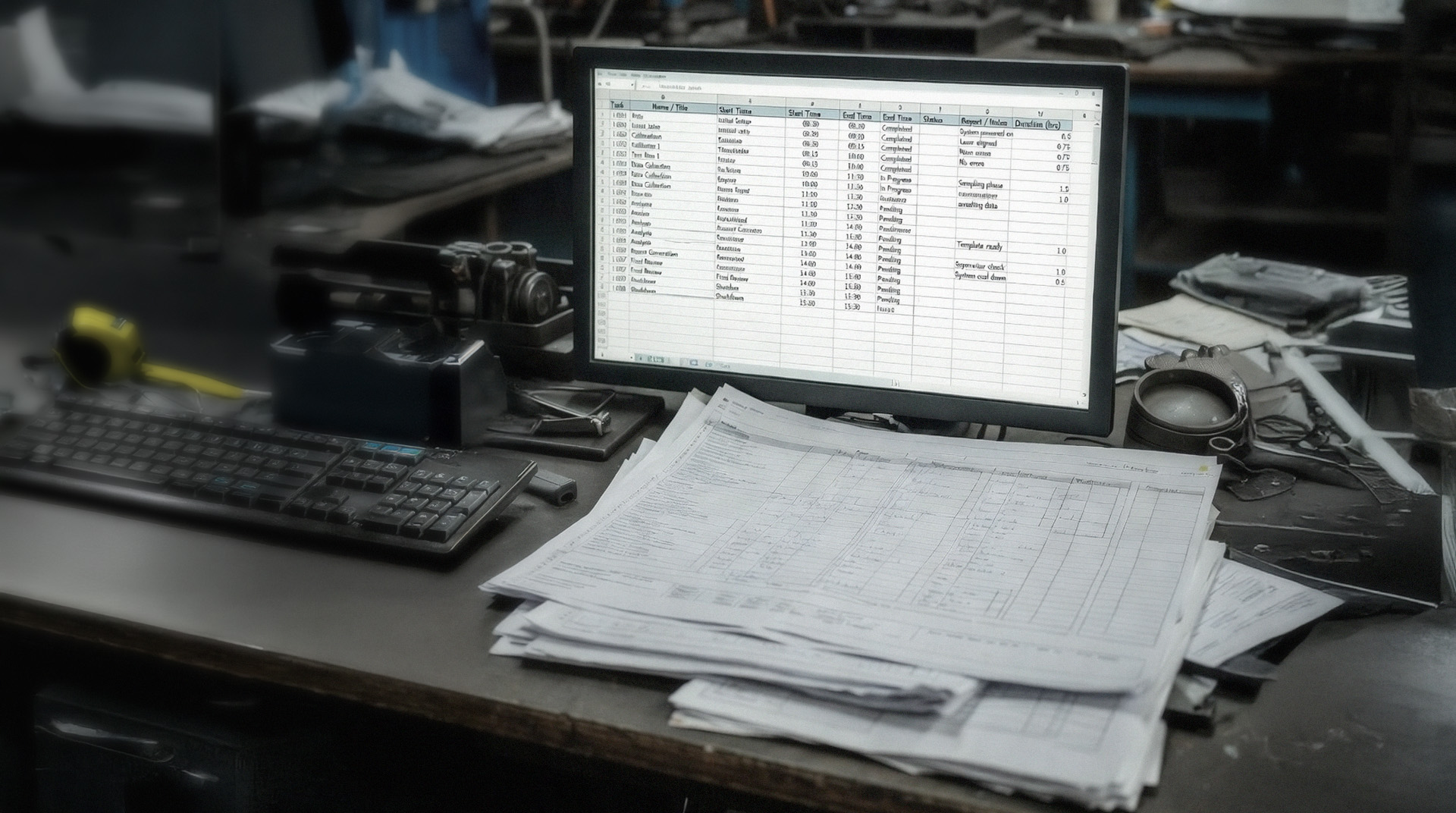Time tracking spreadsheets in an engineering workshop.
